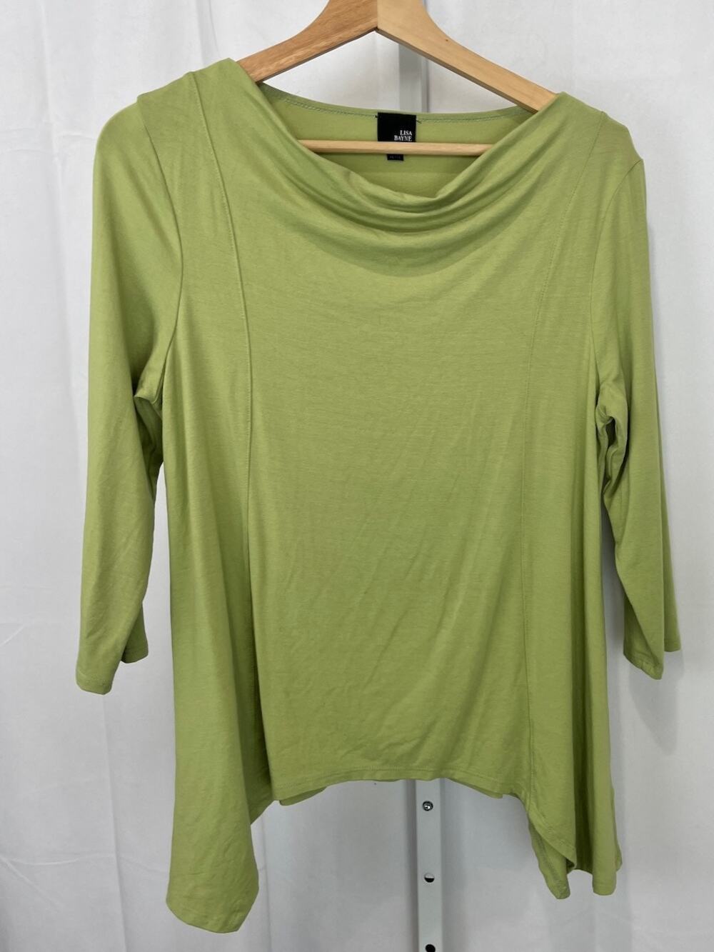 LISA BAYNE Drape Neck Top 3/4 Sleeve Curved Hem Jersey Knit Green Petite M PM